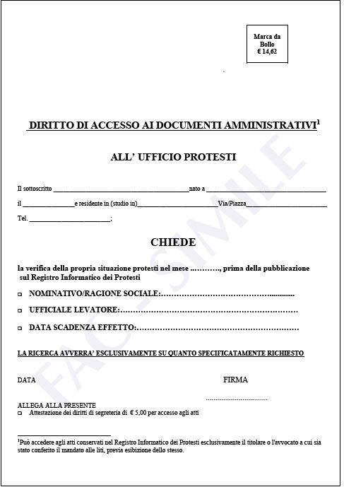 Modello di domanda (facsimile) per accesso da tabulato agli atti relativi al protesto, prima della pubblicazione Modello di domanda (facsimile) per accesso da tabulato agli atti relativi al protesto, prima della pubblicazione