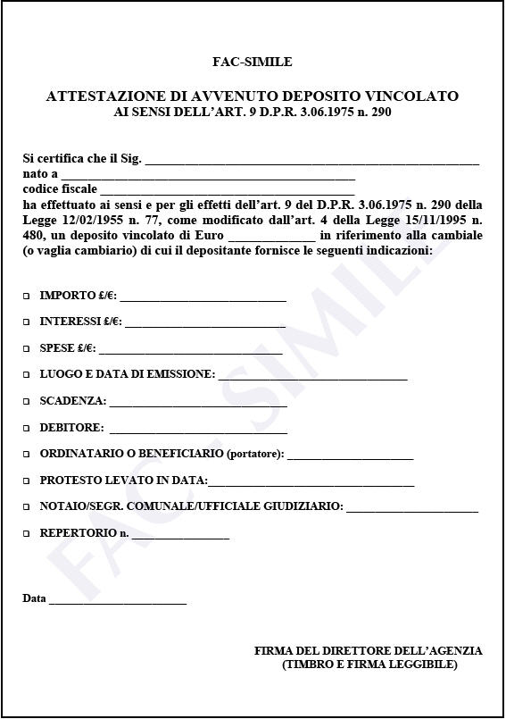 attestazione di avvenuto deposito vincolato ai sensi dell'articolo 9 decreto presidente della repubblica numero 290 del 3 giugno 1975 attestazione di avvenuto deposito vincolato ai sensi dell'articolo 9 decreto presidente della repubblica numero 290 del 3 giugno 1975
